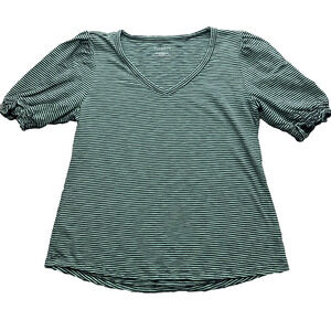 Talbots Puff Sleeve Top Shirt Womens Large Green Striped Short Sleeve V-Neck